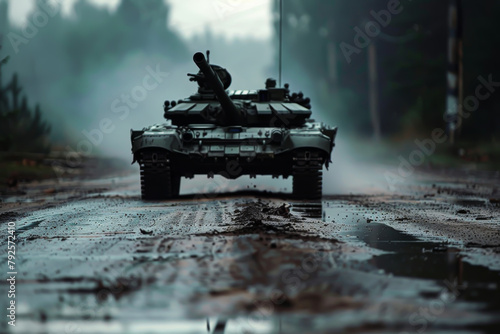 A tank is driving down a muddy road. The tank is surrounded by a foggy mist, which gives the scene a mysterious and ominous mood