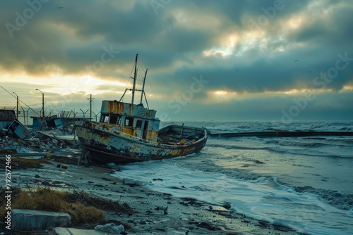 A large, rusted boat is sitting on the beach. The sky is cloudy and the sun is setting © VicenSanh