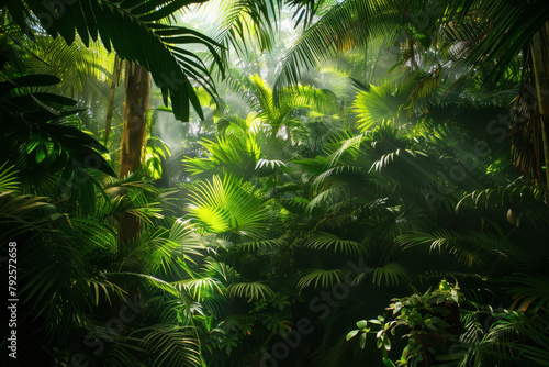 A lush green jungle with sunlight shining through the trees. Concept of tranquility and serenity  as the sunlight filters through the dense foliage  creating a peaceful atmosphere