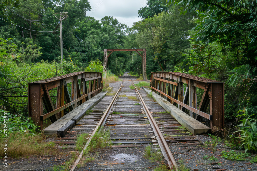 The bridge is old and rusted, with a wooden structure and a metal one. The bridge is surrounded by trees and grass The bridge is old and rusted, with a wooden structure and a metal one. The bridge is surrounded by trees and grass