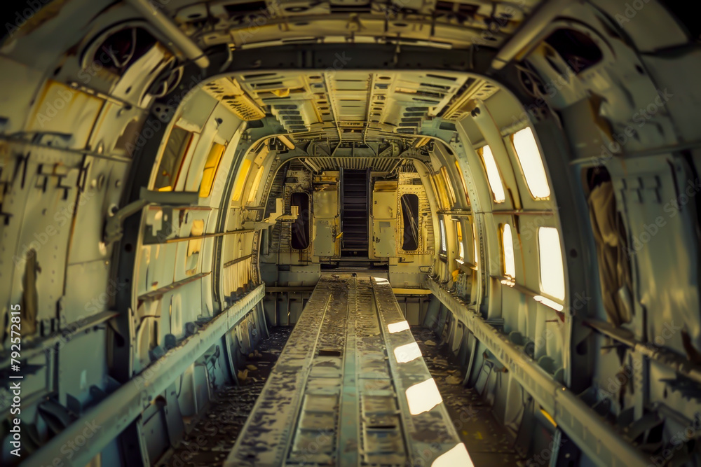 The inside of an airplane is shown in a very detailed and close up. The airplane is old and has been abandoned