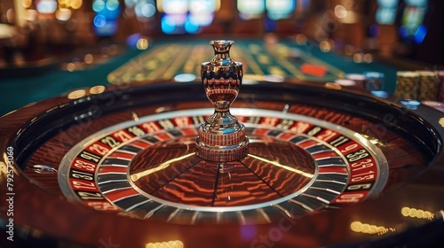 Casino Roulette Wheel: A photo of a roulette wheel with a shallow depth of field