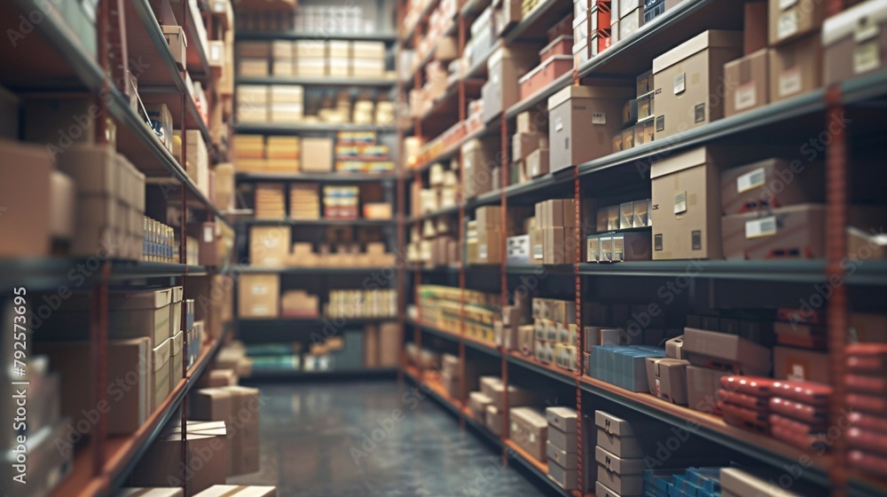 A commercial storage facility stocked with shelves and cartons, with a focus on logistics and transportation. A commercial storage facility stocked with shelves and cartons, with a focus on logistics and transportation.