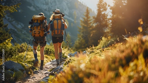 Adventurous Backpackers Exploring Scenic Mountain Trails with Cutting Edge Gear and Gadgets photo