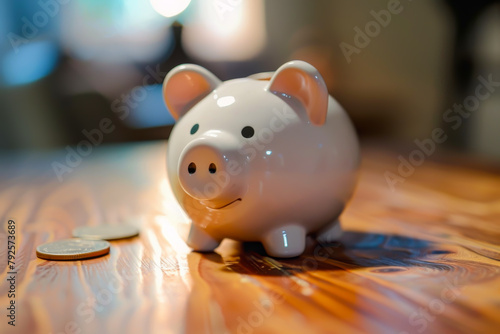 A piggy bank sits on a wooden table with a few coins inside. The piggy bank is white and has a black nose