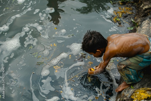 child drinking dirty water from a polluted river