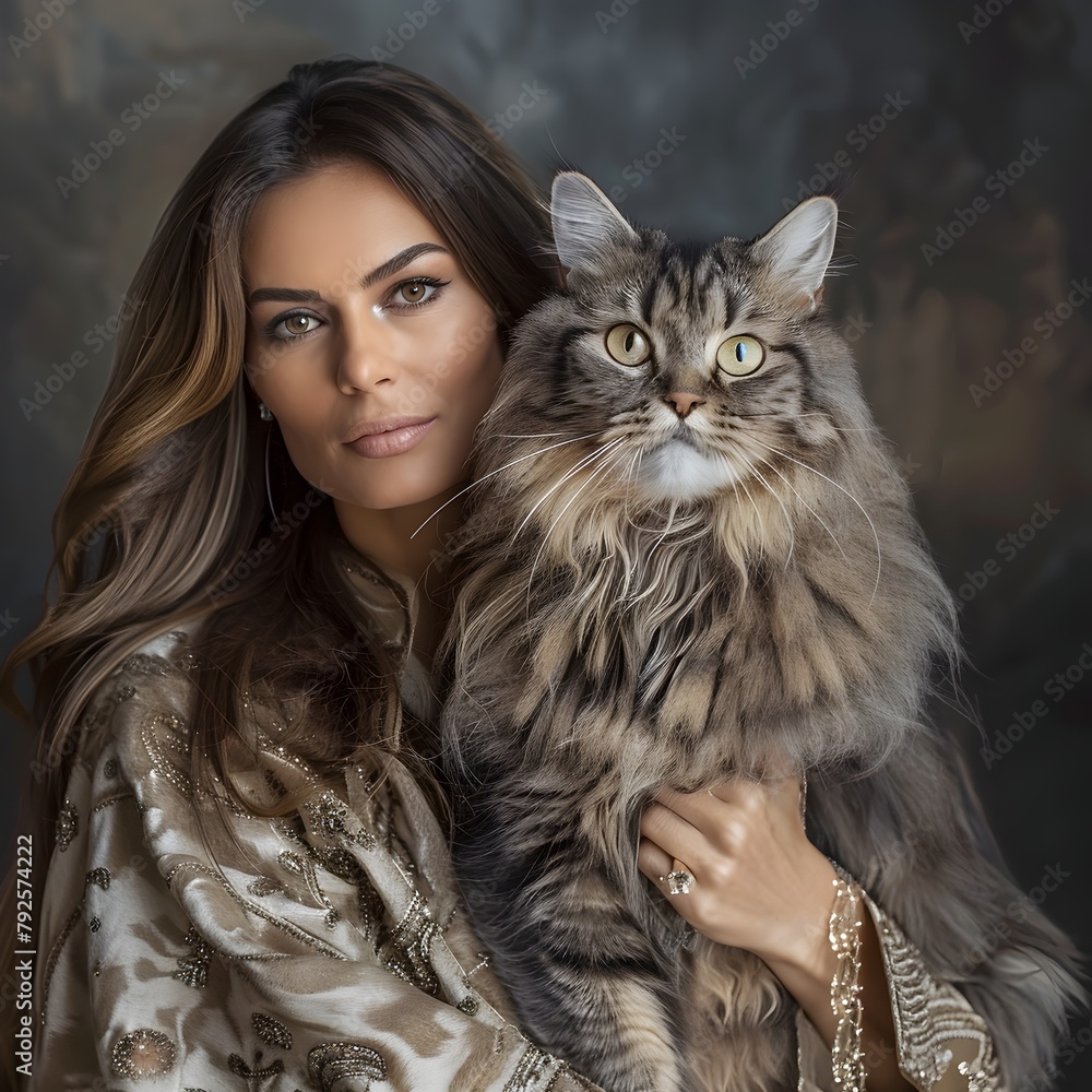 Elegant Woman Posing with Majestic Persian Cat in Sophisticated Studio Setting