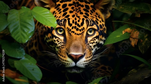 A mesmerizing close-up of a leopards face surrounded by lush green leaves