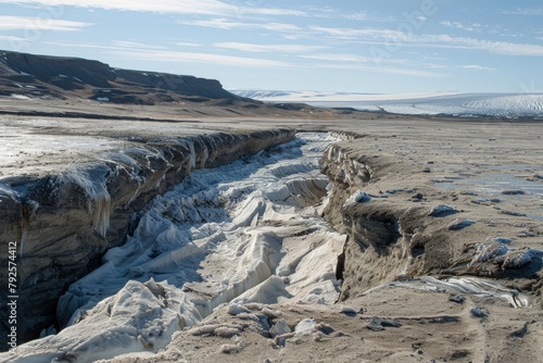 melting glacier surrounded by barren landscape photo