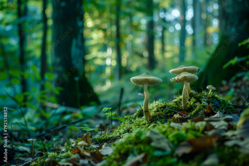 Three mushrooms are growing on a mossy forest floor. The mushrooms are ...