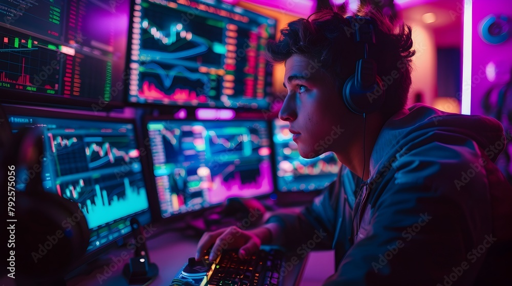 Intense Gen Z Cryptocurrency Trader Monitoring Digital Financial Data Across Multiple Futuristic Displays in Neon Tinged High Tech Home Office