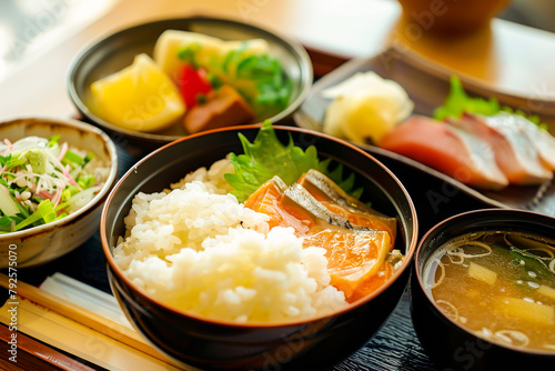 A plate of food with a variety of dishes including rice, vegetables, and meat. The presentation is colorful and appetizing