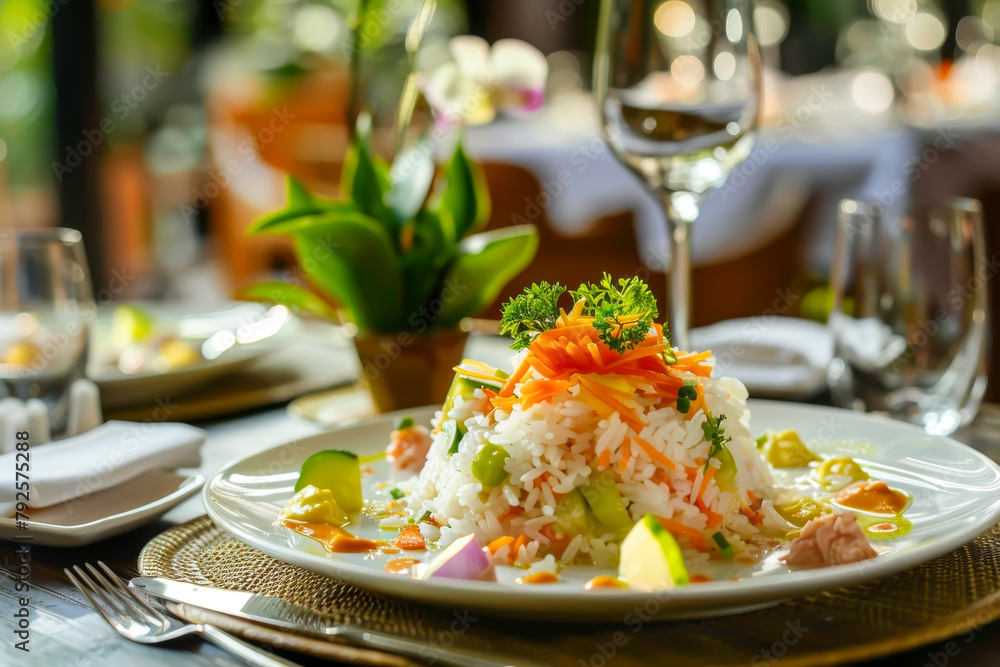 A plate of rice with vegetables and meat on top. The plate is set on a table with a wine glass and a fork A plate of rice with vegetables and meat on top. The plate is set on a table with a wine glass and a fork