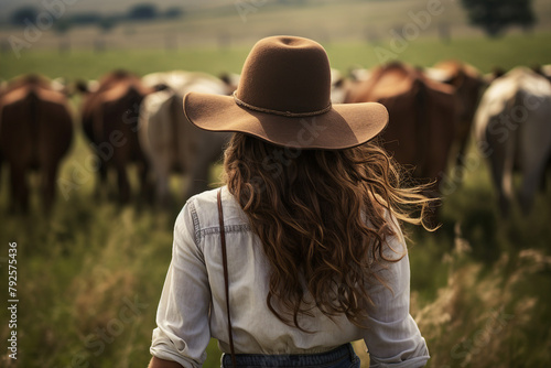 Portrait of a young person farmer with cows in farm generative AI