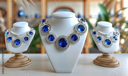 Elegant necklaces with blue gemstones on display stands. copy space