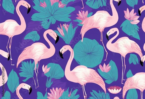 'floral motif flamingos Pink vector tropical design wallpaper surrounded violet repeating protea background lotus pattern color Square flowers Seamless fabric'