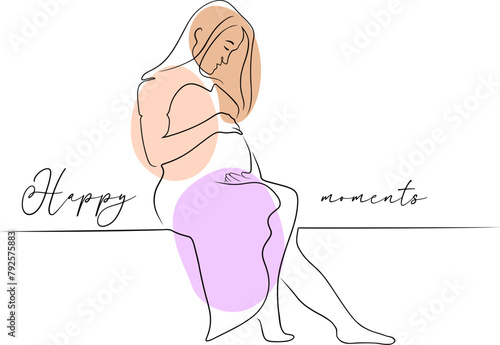 Happy moments abstract banner with mom, text and pregnant woman in line art style