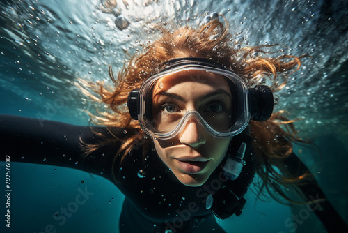 AI generated photo picture of happy diver swimming exploring underwater world