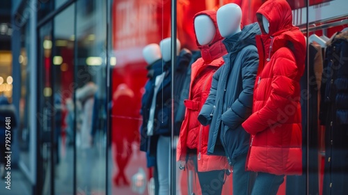 A window display of red coats and jackets photo