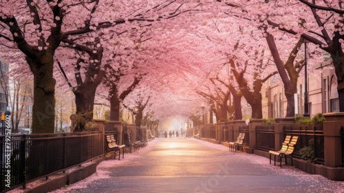 A serene street adorned with blooming pink flowers on the trees