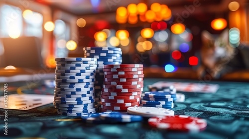 A close-up shot captures the vibrant allure of casino chips scattered across the table. Each chip's intricate design and bold colors reflect the excitement and anticipation of the gaming floor.