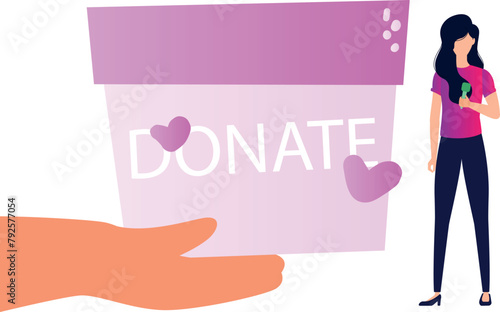 The girl is standing near the donation box.