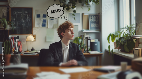 Thoughts in Chaos, Man's Cloud Chat Bubble Illustrates ADHD Focus Struggles photo