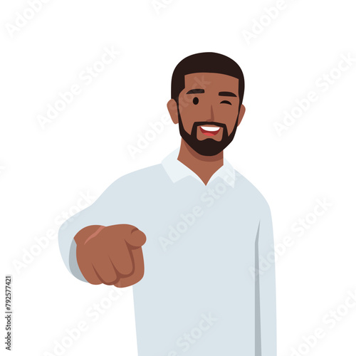 Young man saying I want you while pointed forward. Flat vector illustration isolated on white background