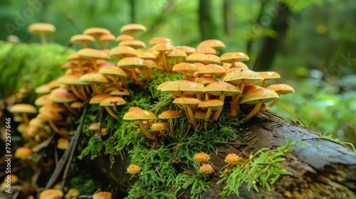 Closeup of a group of mushrooms growing on a log in a forest. The log is completely covered in a layer of mushroombased material appearing almost like a natural extension of the forest . photo