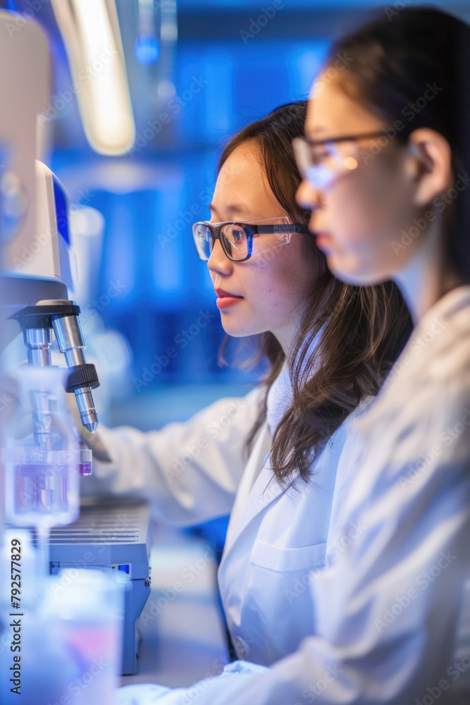 Two female scientists wearing lab coats are conducting a microscopic examination together, focusing intently on the specimen under the microscope Two female scientists wearing lab coats are conducting a microscopic examination together, focusing intently on the specimen under the microscope