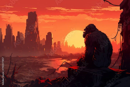cartoon illustration, a gorilla in a destroyed city with a sunset