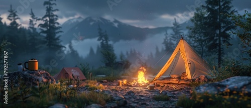 A serene camping scene with a tent pitched in the wilderness, accompanied by a campfire and mugs of Stray Wintech coffee. photo