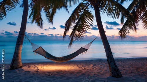 Tropical Beach Hammock at Dusk, Ideal for Vacation and Relaxation Concepts