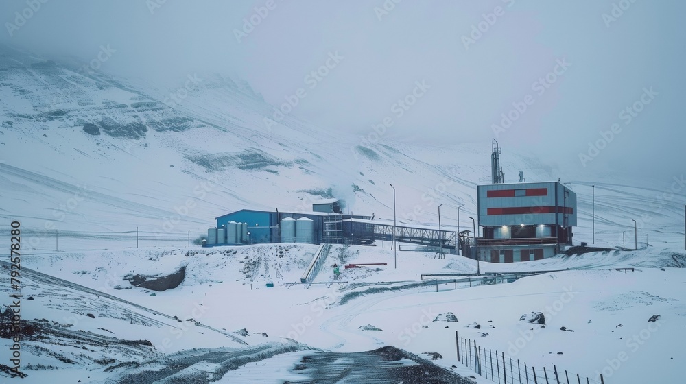 A team of scientists and engineers conducting experiments on a biofuel processing facility in a remote mountainous region braving extreme weather conditions to perfect the production . A team of scientists and engineers conducting experiments on a biofuel processing facility in a remote mountainous region braving extreme weather conditions to perfect the production .