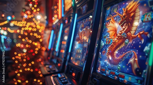 Slot Machine Themes: A photo of a slot machine featuring a fantasy theme with magical creatures and enchanted worlds