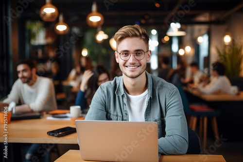 Generative AI photo of smiling person working as a tutor from cafe distance lesson