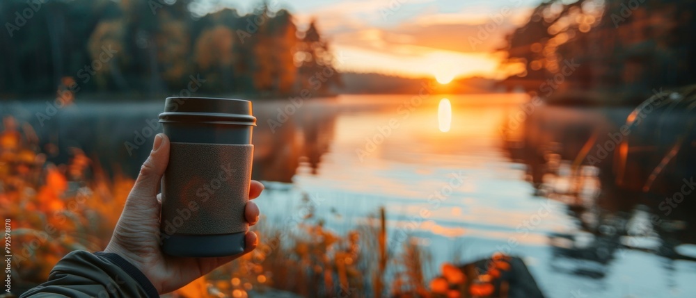 A tranquil morning scene with a person enjoying a sunrise while sipping Stray Wintech coffee from a travel mug by a serene lake.