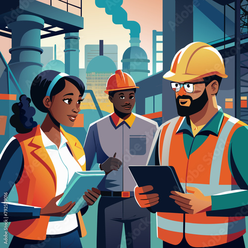 heavy industry engineers walked into the steel factory and used tablets to discuss work.