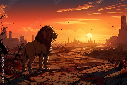 cartoon illustration  a lion in a destroyed city with a sunset