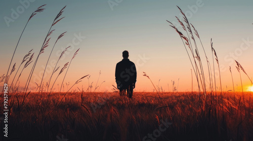 A person is standing in a field as the sun sets in the background  casting a warm glow over the landscape