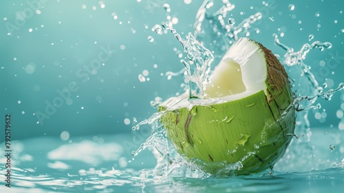 Coconut water splashing out of a fresh green coconut isolated on a pastel summer blue background photo