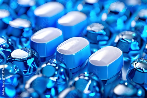 3D representation of blue pill tablets in a monochromatic manner, abstracted against a blue background.Tablets with white wallpaper strewn on a blue background. formatted vertically. 