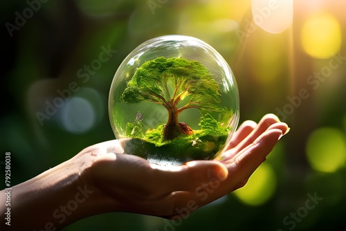 A hand holds a glass sphere with a green tree inside, signifying environmental preservation, eco-friendly living, and sustainable development.In ecology, the human hand holds the young earth and the p