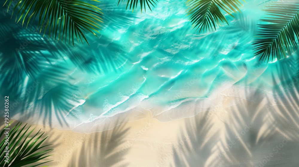Aerial view of a tropical beach with clear turquoise waters and palm leaves shadows. Aerial view of a tropical beach with clear turquoise waters and palm leaves shadows.