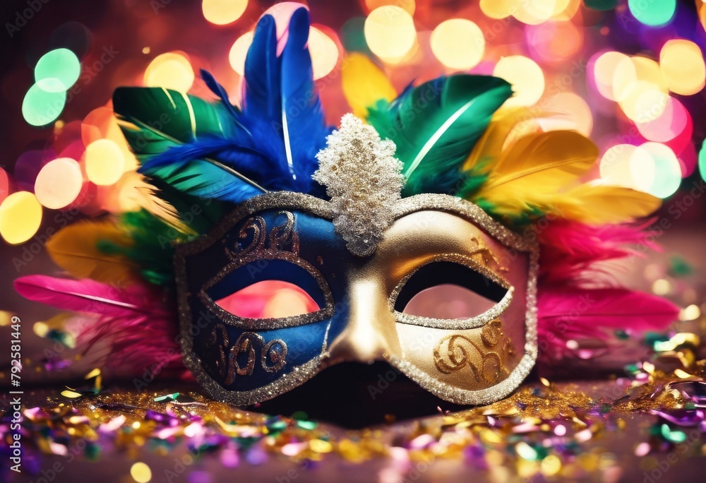 'invitation gras mardi greeting design Concept Carnival confetti feathers. party banner flyer. mask card blue venetian background masquerade diamond venice blurred theatre luxury'