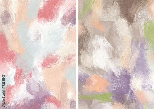Watercolor abstract textures of pink, violet, green, red and white spots. Hand painted pastel illustration isolated on white background. For design, print, fabric or background. (ID: 792581803)