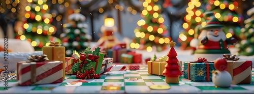 Craft a Christmas-themed board game that involves strategy, gift-giving, and holiday trivia,  photo