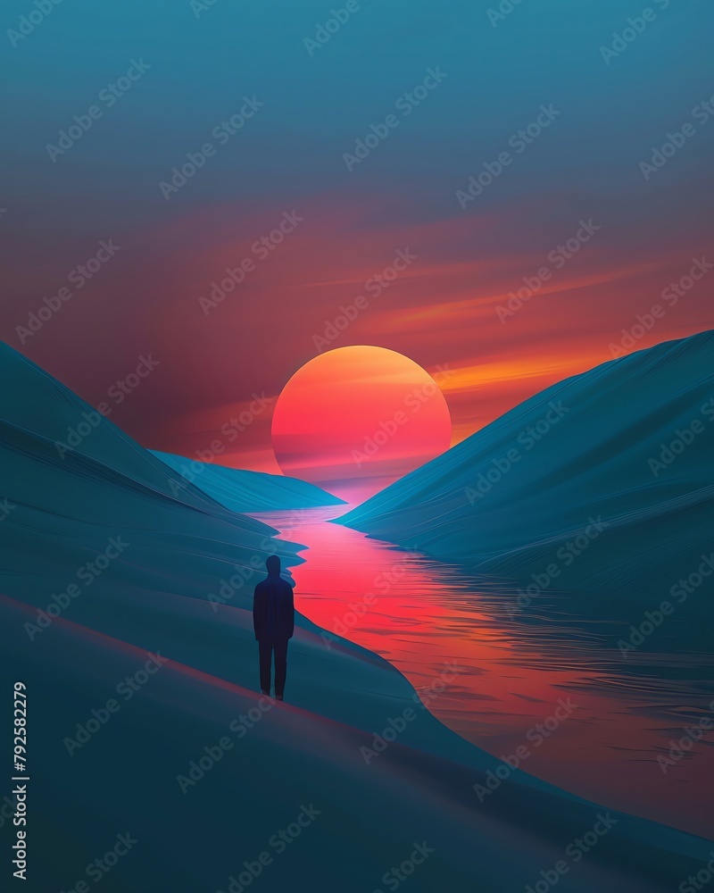 Create a digital art piece illustrating the moment when day meets night, capturing the colors and emotions of twilight, 
