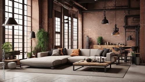 living room with a large gray couch, a coffee table, a rug, and some plants