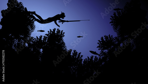 spearfishing in the ocean, flat color illustration